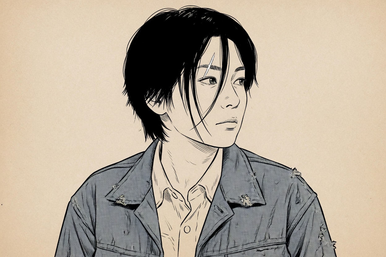 Ink portrait of an adult woman with short uneven black hair, one strand across the eye, a scar through the eyebrow, and a worn jacket drawn in halftone.