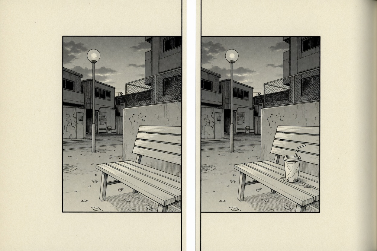 Two manga panels of the same dusk street corner, separated by a wide blank gutter. A paper cup sits on the bench only in the second panel.
