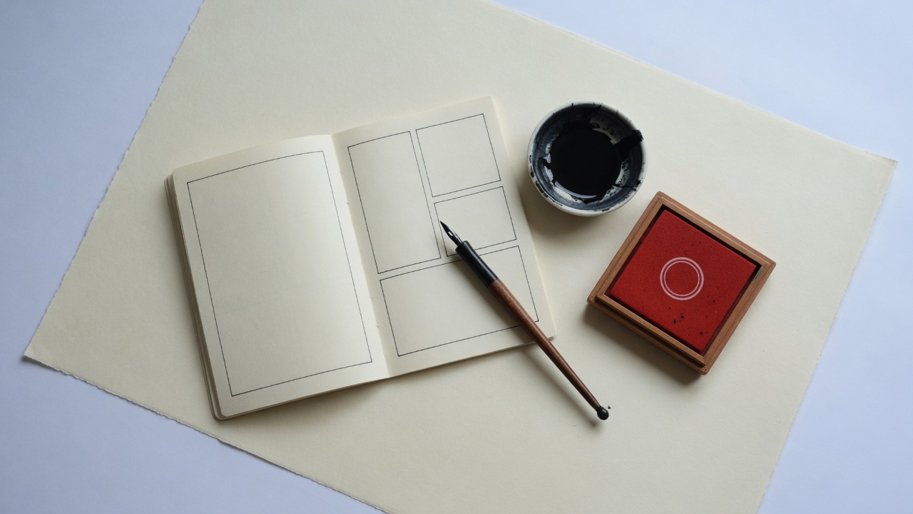 Overhead still life of an open notebook with empty panel borders, a dip pen, a dish of black ink, and a red seal pad on warm paper.