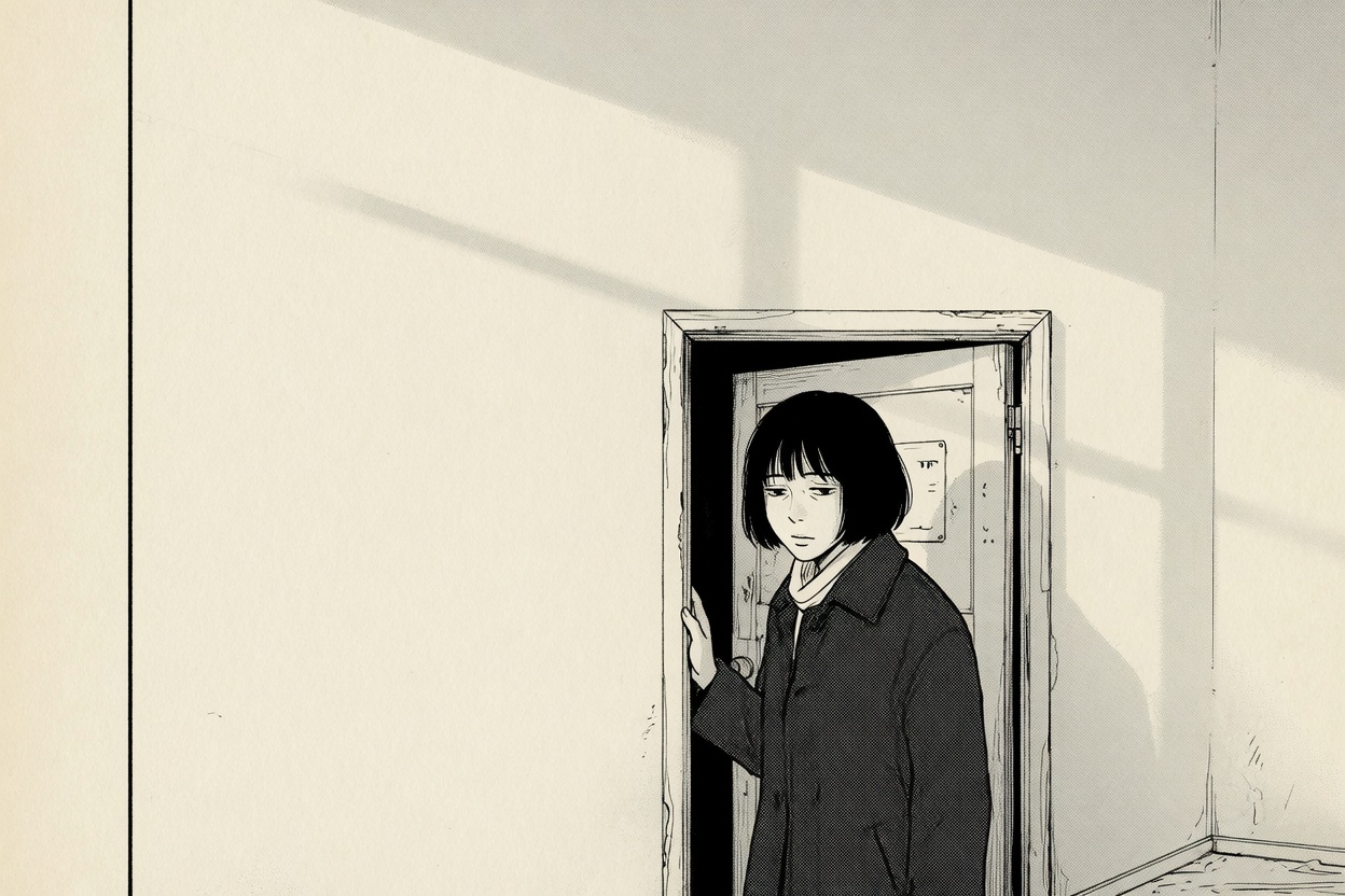 Manga panel of a woman in a dark coat paused in a doorway, one hand on the frame, the upper half of the picture left as bare wall.